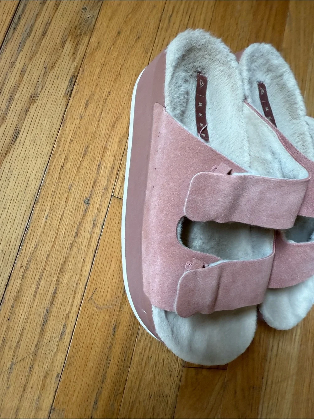 Reef Suede Double-Strap Faux-Fur Slide Platform Sandals - Mauve Pink 8